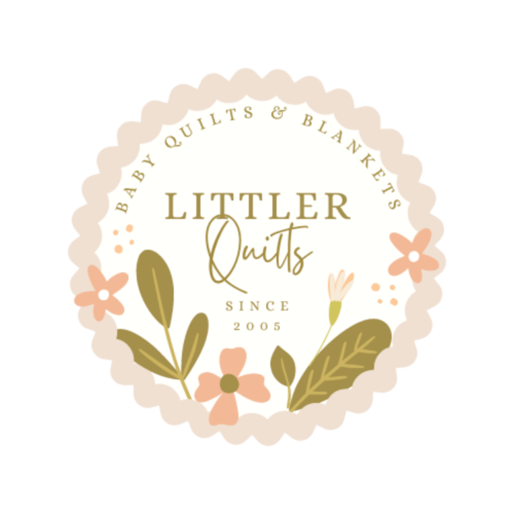 circle logo of littler quilts with flowers and leaves