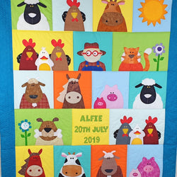 farm quilt with sheep, chickens, horses, cat and pigs