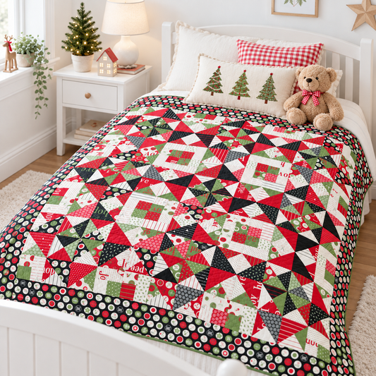 A festive quilted bedding set on a white bed, featuring a Christmas-themed patchwork design with red, green, black, and white geometric patterns, surrounded by holiday pillows and a teddy bear in a bright, decorated bedroom.