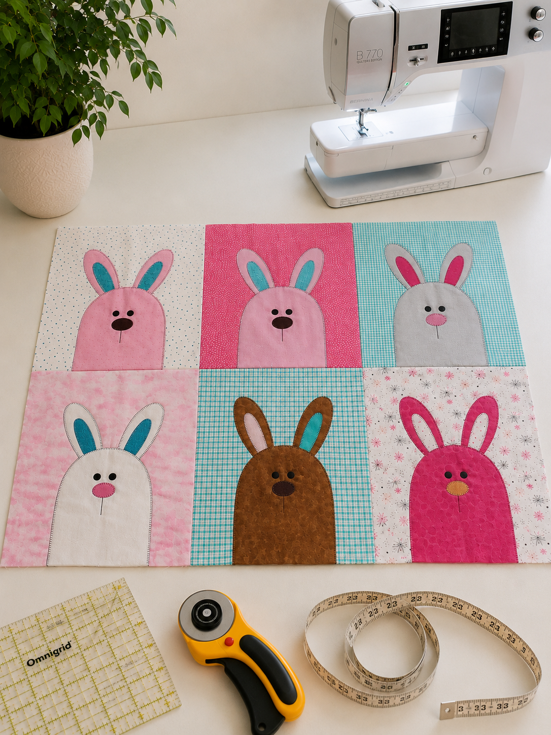 A quilted fabric patch featuring six bunny faces arranged in a 2x3 grid, displayed on a white sewing table alongside a sewing machine, rotary cutter, measuring tape, and a potted plant.