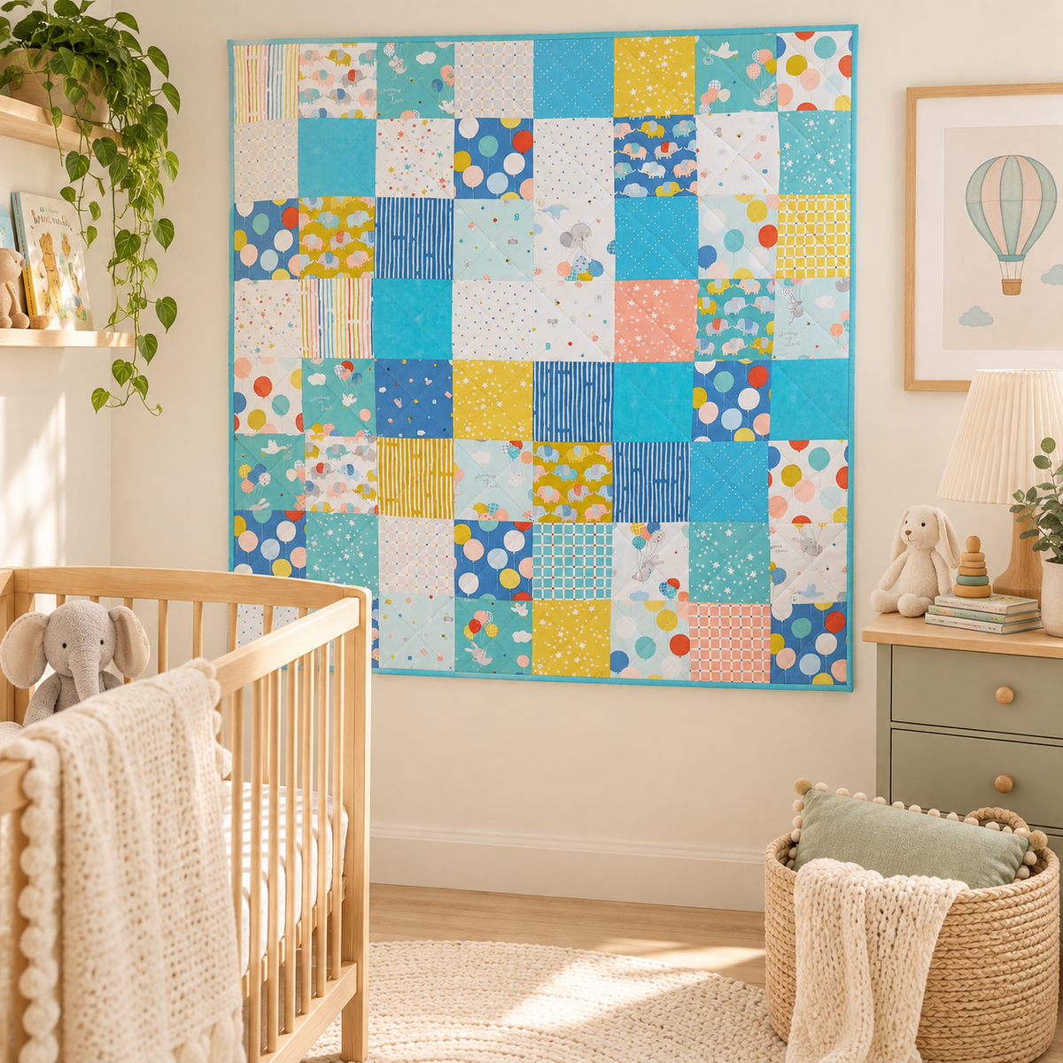 A colourful patchwork baby quilt with blue, yellow, and white patterns hangs on a cream wall in a styled nursery with a wooden crib, basket, and lamp.