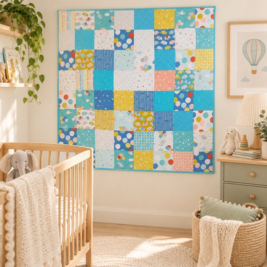 A colourful patchwork baby quilt with blue, yellow, and white patterns hangs on a cream wall in a styled nursery with a wooden crib, basket, and lamp.