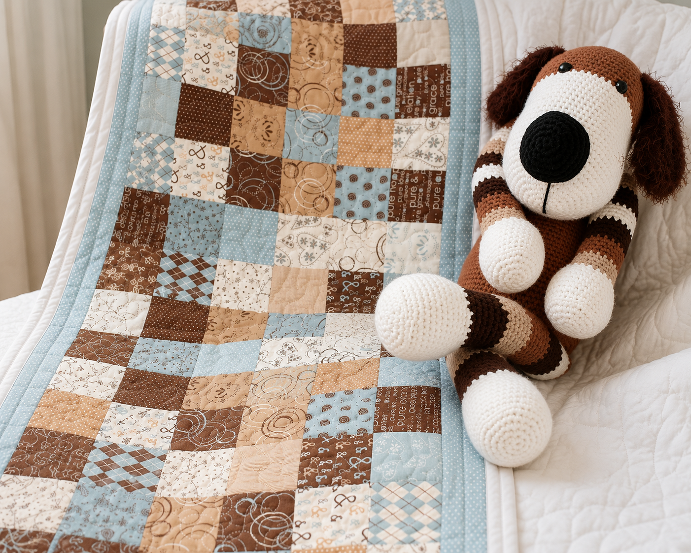 A handmade patchwork quilt in brown, beige, and light blue patterns, styled on a white quilted bed next to a crocheted brown and white dog toy.