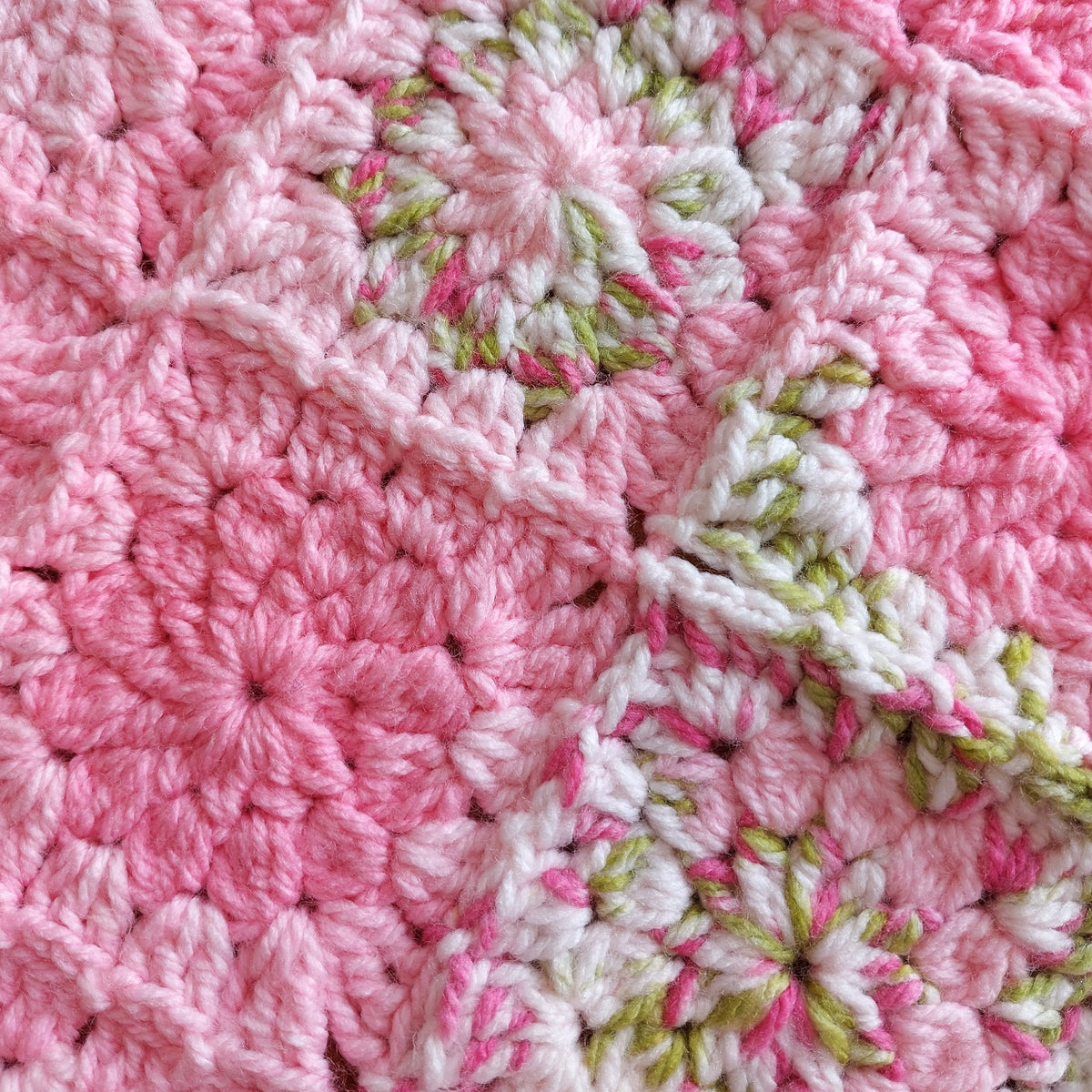the green and pink flower squares joined together