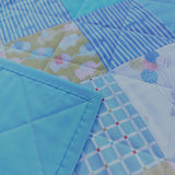 Patchwork quilt with blue and multicolored patterns