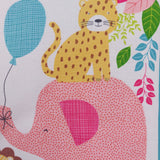 a yellow tiger with brown spots is sitting on the back of a pink elephant. The elephant has a blue balloon in its trunk