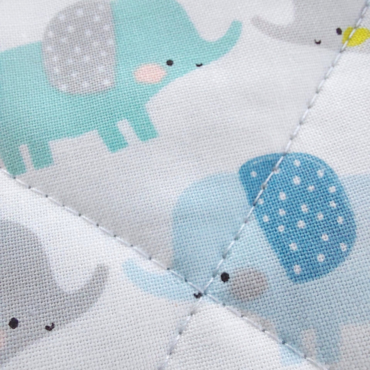 Close-up of a quilted baby blanket featuring a playful pattern of cartoon elephants in light blue, teal, and gray on a white background.