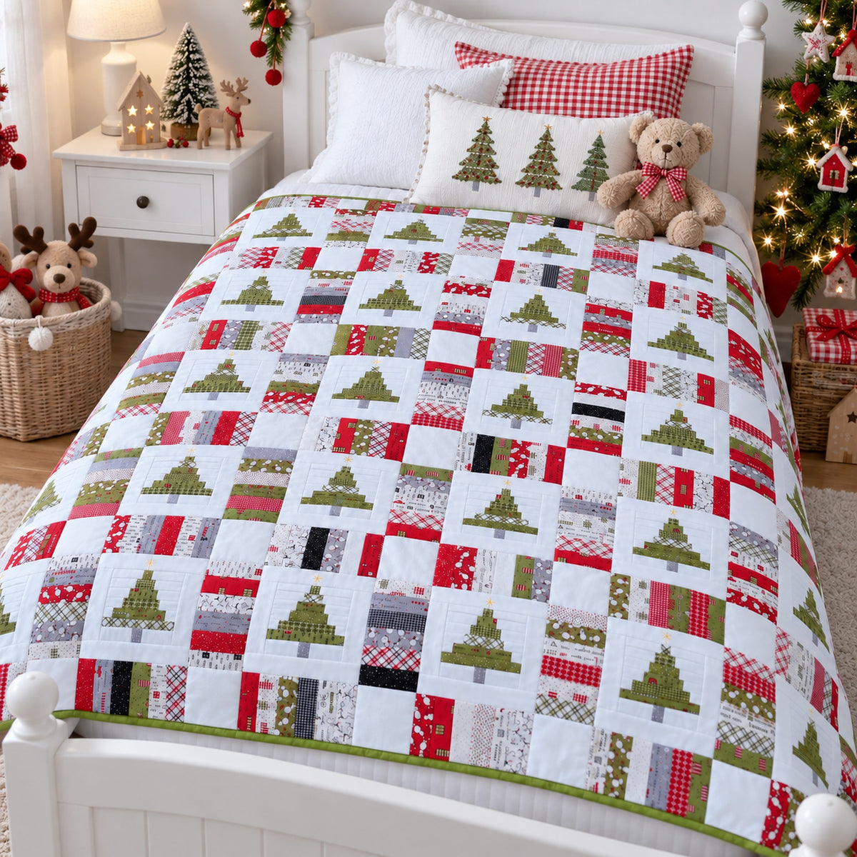 A Christmas-themed quilted comforter set on a white wooden bed, decorated with festive pillows, a teddy bear, and holiday decorations in a cozy bedroom setting.