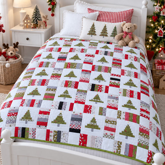 A Christmas-themed quilted comforter set on a white wooden bed, decorated with festive pillows, a teddy bear, and holiday decorations in a cozy bedroom setting.