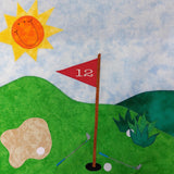 a golf flag in a hole with a golf bunker of sand and 2 clubs and balls