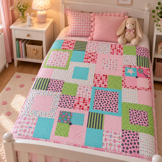 a cozy, pastel coloured quilt in squares with printed stars, rattles and circles