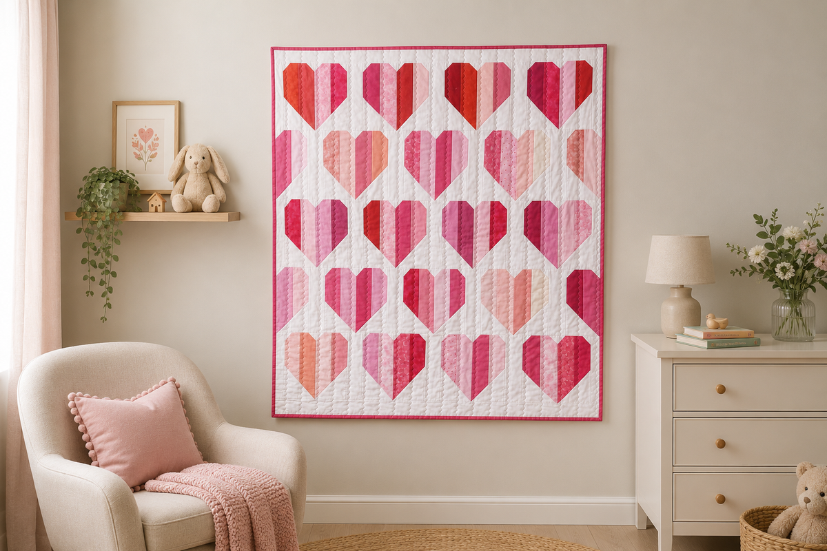 A heart-patterned quilt hanging on a beige wall in a styled nursery or children's room, with a cream armchair, pink pillow, shelf with stuffed bunny, and a white dresser with a lamp and flowers.