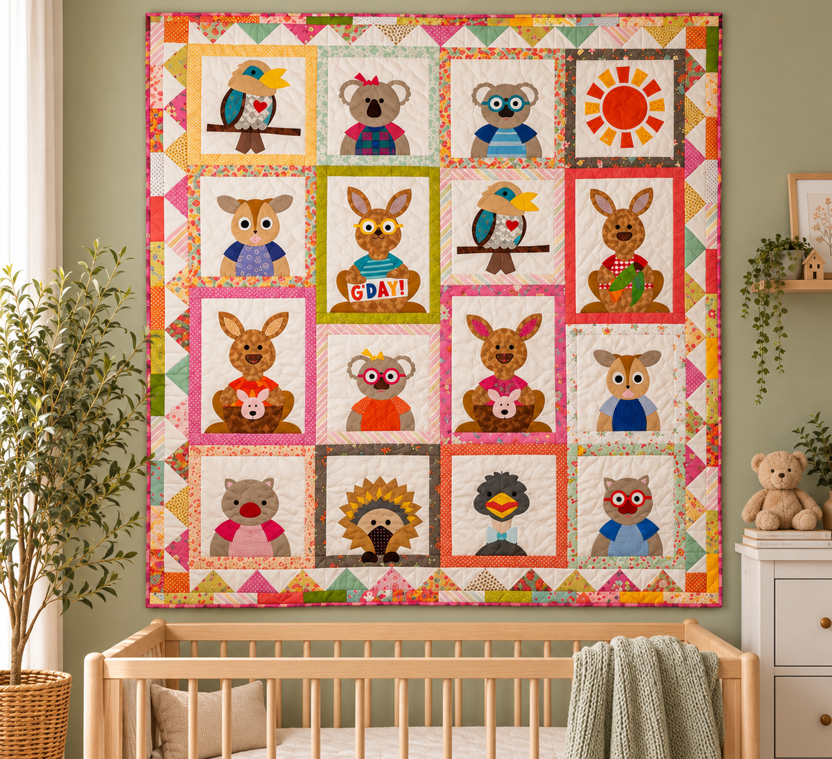 a colourful quilt hanging on the wall of a nursery showing cartoon animals from Australia like koalas, possums, kangaroos and wallabies.