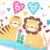 Illustration of a tiger and a lion with floral hearts and plants on a white background