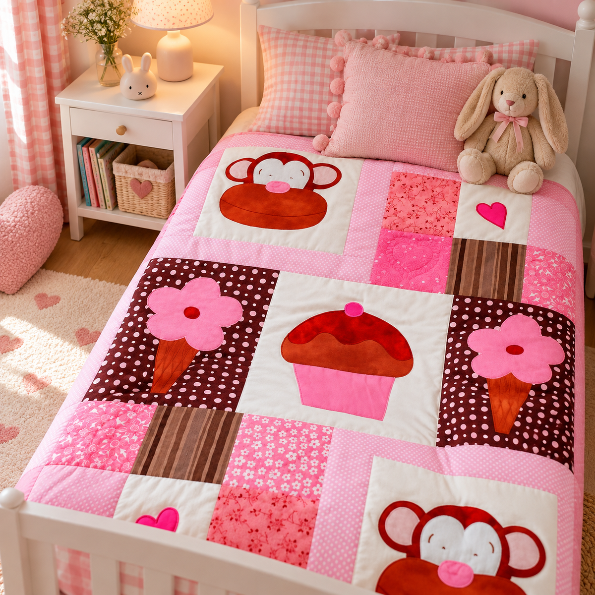 a pink, brown and white quilt showing 2 monkey faces and 2 ice cream cones