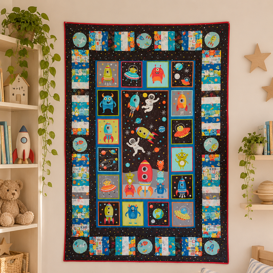 A colorful children's quilt featuring a space theme with astronauts, rockets, aliens, planets, and stars, displayed on a wall in a child's bedroom setting.