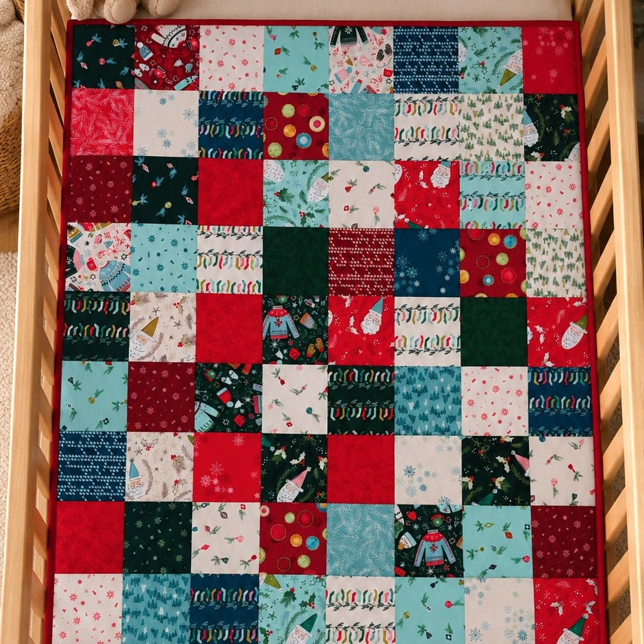an overhead view of a patchwork quilt in a wooden cot showing patches of Christmas fabric