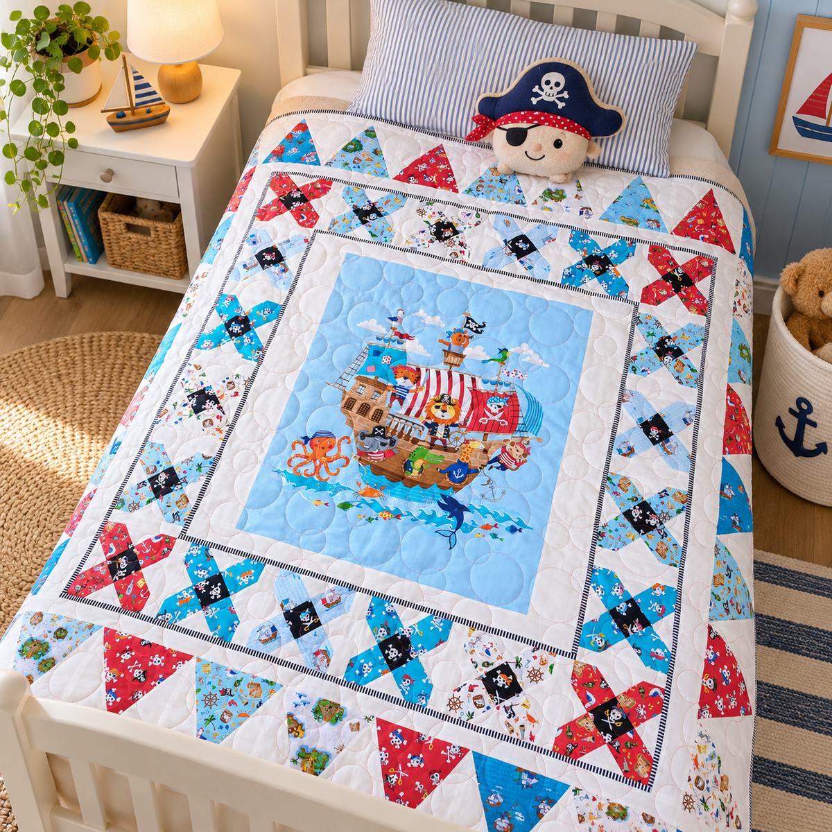 A colourful children's quilt featuring a pirate ship illustration in the centre and red, blue, and black starburst patterns around the border, styled on a white bed with a striped pillow and toy accessories in a bright nursery setting.