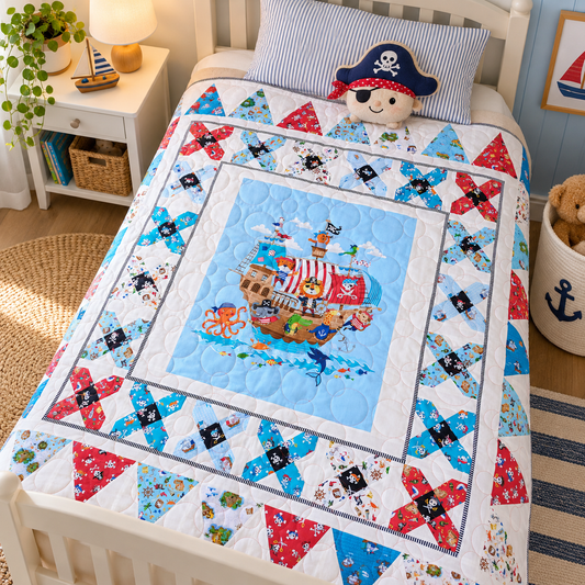 A colourful children's quilt featuring a pirate ship illustration in the centre and red, blue, and black starburst patterns around the border, styled on a white bed with a striped pillow and toy accessories in a bright nursery setting.