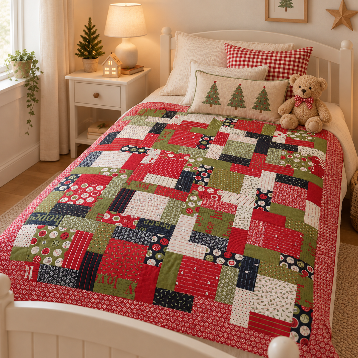 the Christmas patchwork quilt on a child's bed