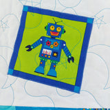 a white square showing  blue robot with a smiling face and showing the moon and stars quilting