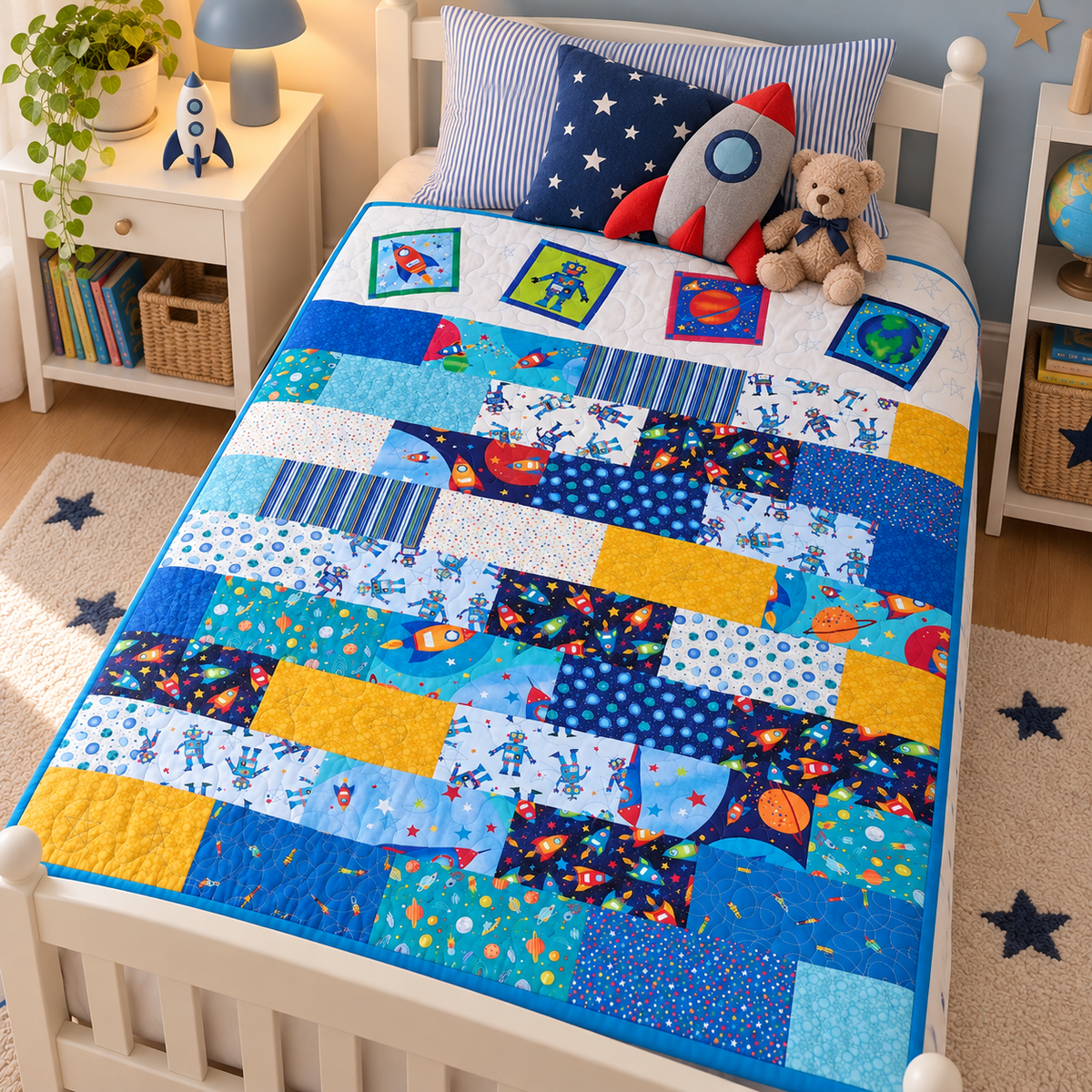 A colorful space-themed quilted bedding set on a white wooden bed, featuring a patchwork design with blue, yellow, and patterned fabric panels depicting rockets, astronauts, stars, and planets. The bed is styled with matching pillows, a teddy bear, and a rocket toy in a cozy child's bedroom.