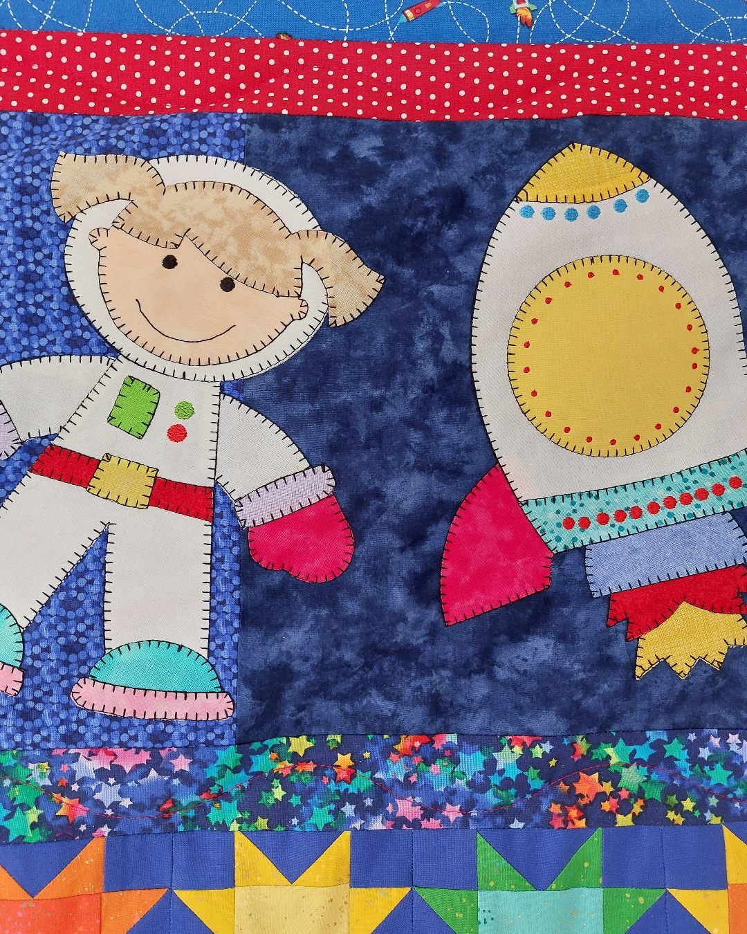 a girl astronaut floating in space next to a rocket ship which has blasted off into space