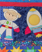 a girl astronaut floating in space next to a rocket ship which has blasted off into space