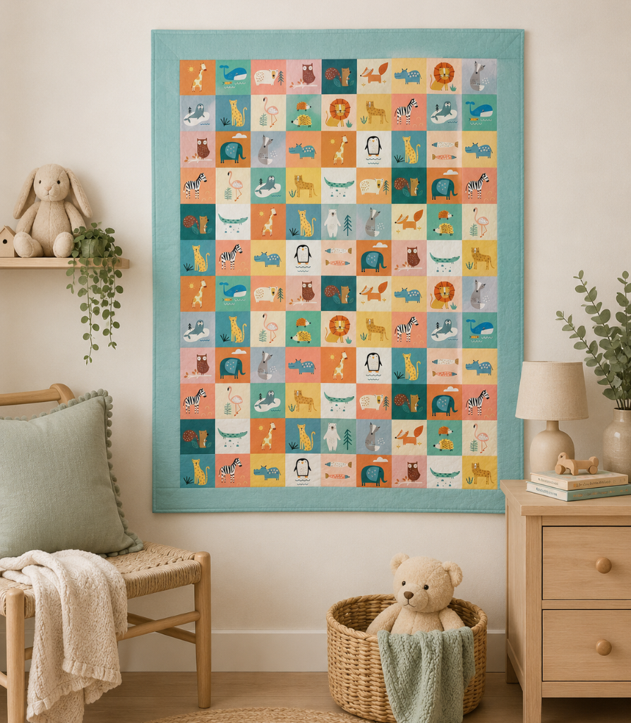 A colorful quilted wall hanging or blanket featuring a grid of animal and nature illustrations in pastel tones, displayed in a styled nursery room with a chair, side table, lamp, and teddy bear.
