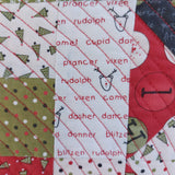 Fabric patchwork with Christmas-themed patterns and text