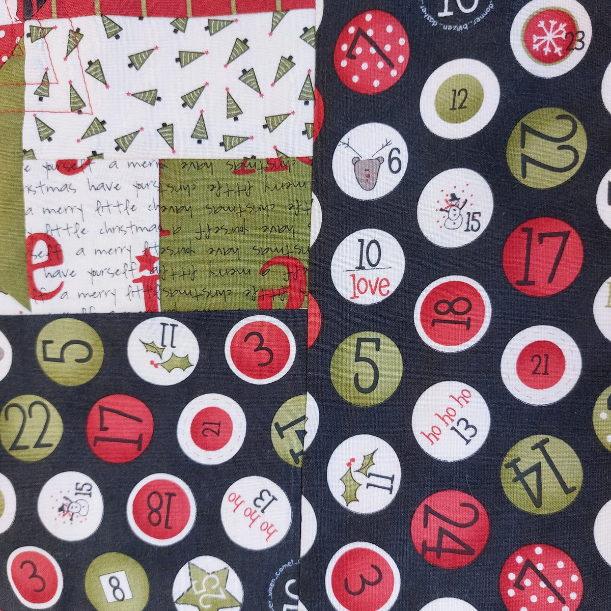 Collection of Christmas-themed fabric patterns with numbers and festive designs.