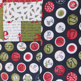 Collection of Christmas-themed fabric patterns with numbers and festive designs.