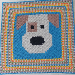 A photo of a baby blanket with a cute puppy face in the middle on a blue background with borders in yellow, orange and green