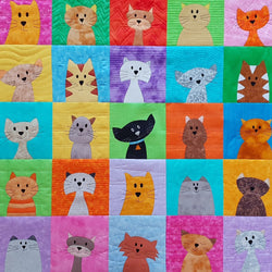 25 backgrounds of brights colours including yellow, green and red. on each background square in the face of a cat