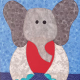 a blue fabric background with a elephant that has big grey ears and a red body and blue toes