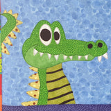 A smiling crocodile with white teeth, a striped green body and a tail 