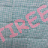 the name of the little girl the quilt was made for in pink on a green and white gingham background