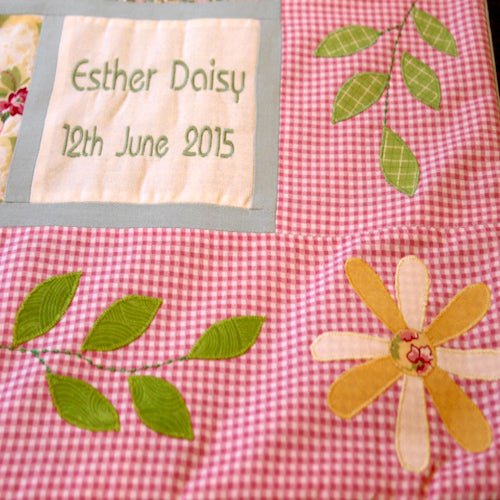 Personalised Custom Made Flowers & Pink Gingham Quilt - Littler Quilts