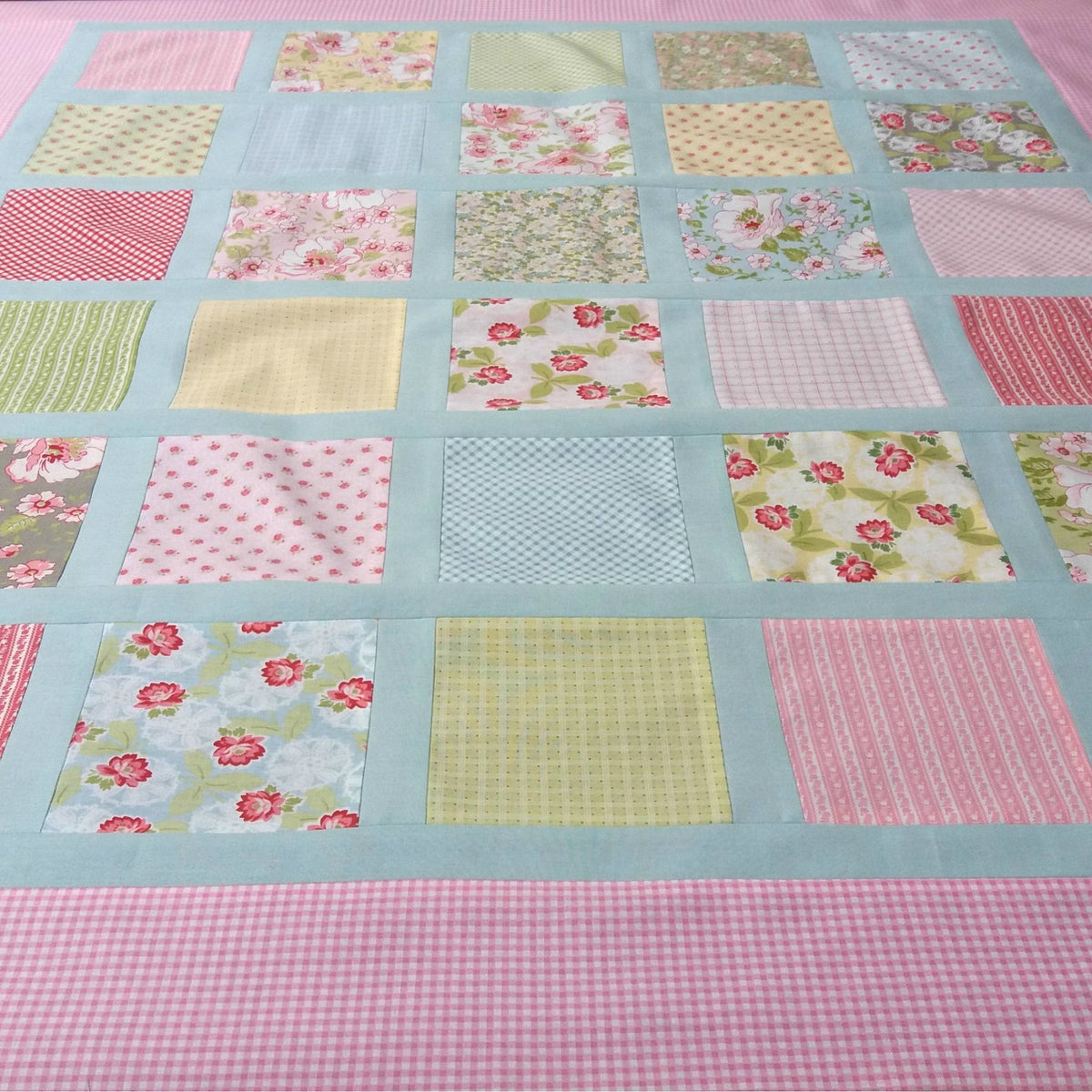 Personalised Custom Made Flowers & Pink Gingham Quilt - Littler Quilts