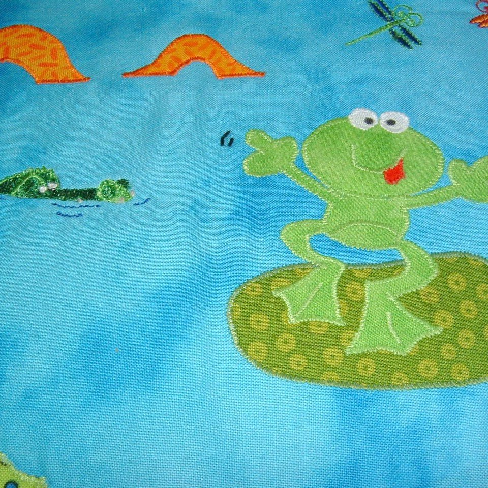 a frog dancing on a green lily in the middle of a blue pond