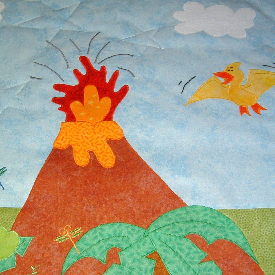 an erupting volcano with a yellow bird flying above a green palm tree