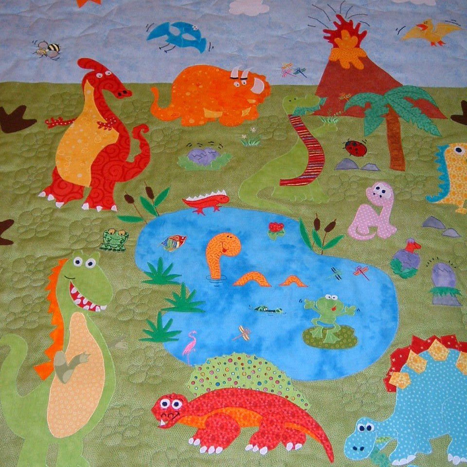 a scene on a green background of different coloured and sized dinosaurs with a large erupting volano
