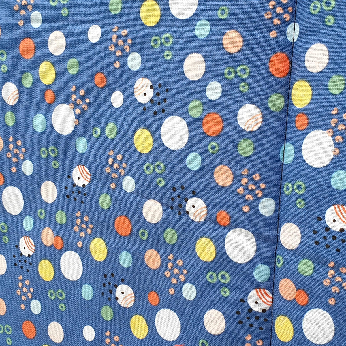 the backing of the outer space quilt showing a blue cotton fabric covered in colourful circles 