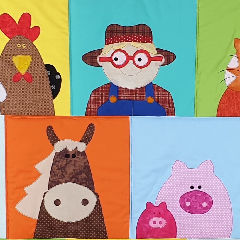 different coloured background squares of yellow, green, orange, and blue. On the squares are a far boy, a brown horse, two pink pigs and a chicken